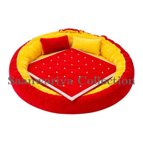 Round Velvet Gaddi with 2 Pillows and 12-Pearl Work Blanket Combo (Yellow & Red)