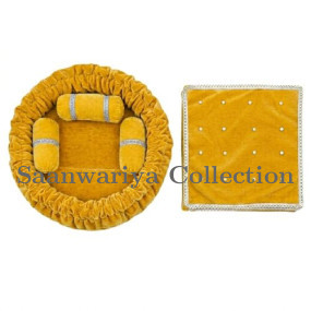 Bright Yellow Round Velvet Gaddi with 3 Silver-Laced Pillows and 16-Pearl Work Blanket Combo