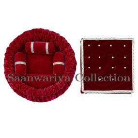 Deep Maroon Round Velvet Gaddi with 3 Silver-Laced Pillows and 16-Pearl Work Blanket Combo