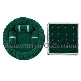 Dark Green Round Velvet Gaddi with 3 Silver-Laced Pillows and 16-Pearl Work Blanket Combo