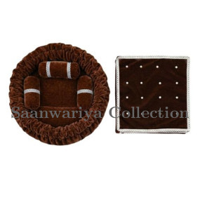 Dark Brown Round Velvet Gaddi with 3 Silver-Laced Pillows and 16-Pearl Work Blanket Combo