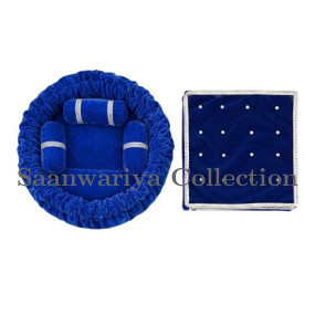 Royal Blue Round Velvet Gaddi with 3 Silver-Laced Pillows and 16-Pearl Work Blanket Combo