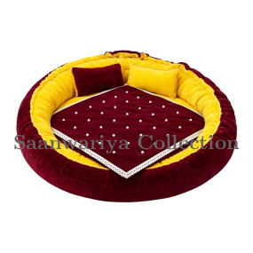 Round Velvet Gaddi with 2 Pillows and 12-Pearl Work Blanket Combo (Yellow & Maroon)