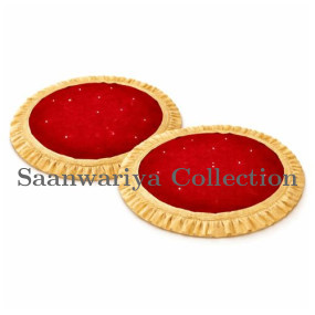 Premium Festive Red Velvet Thal Paros for Puja Thali Cover (20 Inch Diameter, Pack of 2)