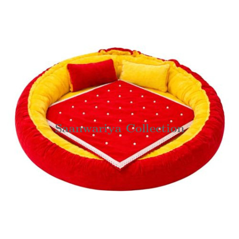 Round Velvet Gaddi with 2 Pillows and 12-Pearl Work Blanket Combo (Yellow & Red)