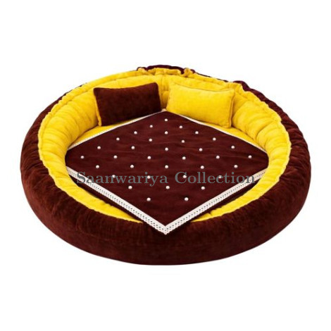 Round Velvet Gaddi with 2 Pillows and 12-Pearl Work Blanket Combo (Yellow & Brown)