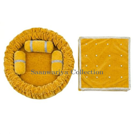 Bright Yellow Round Velvet Gaddi with 3 Silver-Laced Pillows and 16-Pearl Work Blanket Combo