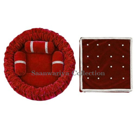 Festive Red Round Velvet Gaddi with 3 Silver-Laced Pillows and 16-Pearl Work Blanket Combo