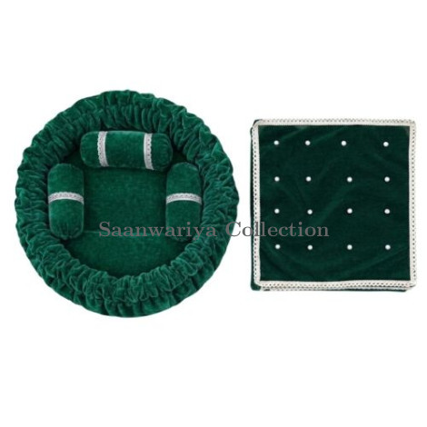 Dark Green Round Velvet Gaddi with 3 Silver-Laced Pillows and 16-Pearl Work Blanket Combo