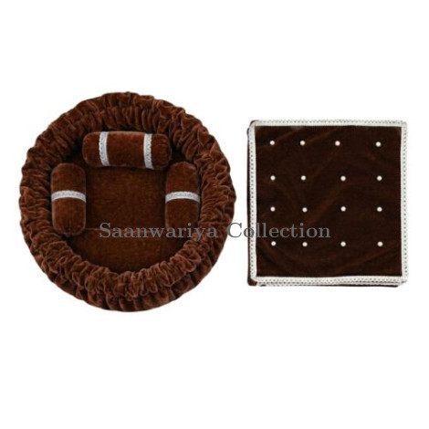 Dark Brown Round Velvet Gaddi with 3 Silver-Laced Pillows and 16-Pearl Work Blanket Combo