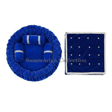 Royal Blue Round Velvet Gaddi with 3 Silver-Laced Pillows and 16-Pearl Work Blanket Combo