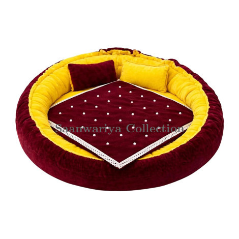 Round Velvet Gaddi with 2 Pillows and 12-Pearl Work Blanket Combo (Yellow & Maroon)