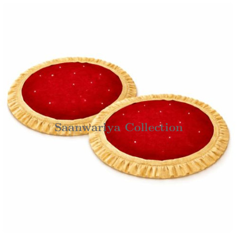 Premium Festive Red Velvet Thal Paros for Puja Thali Cover (20 Inch Diameter, Pack of 2)