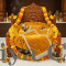 Bright Yellow Round Velvet Gaddi with 3 Silver-Laced Pillows and 16-Pearl Work Blanket Combo