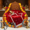 Festive Red Round Velvet Gaddi with 3 Silver-Laced Pillows and 16-Pearl Work Blanket Combo