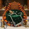 Dark Green Round Velvet Gaddi with 3 Silver-Laced Pillows and 16-Pearl Work Blanket Combo