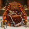 Dark Brown Round Velvet Gaddi with 3 Silver-Laced Pillows and 16-Pearl Work Blanket Combo